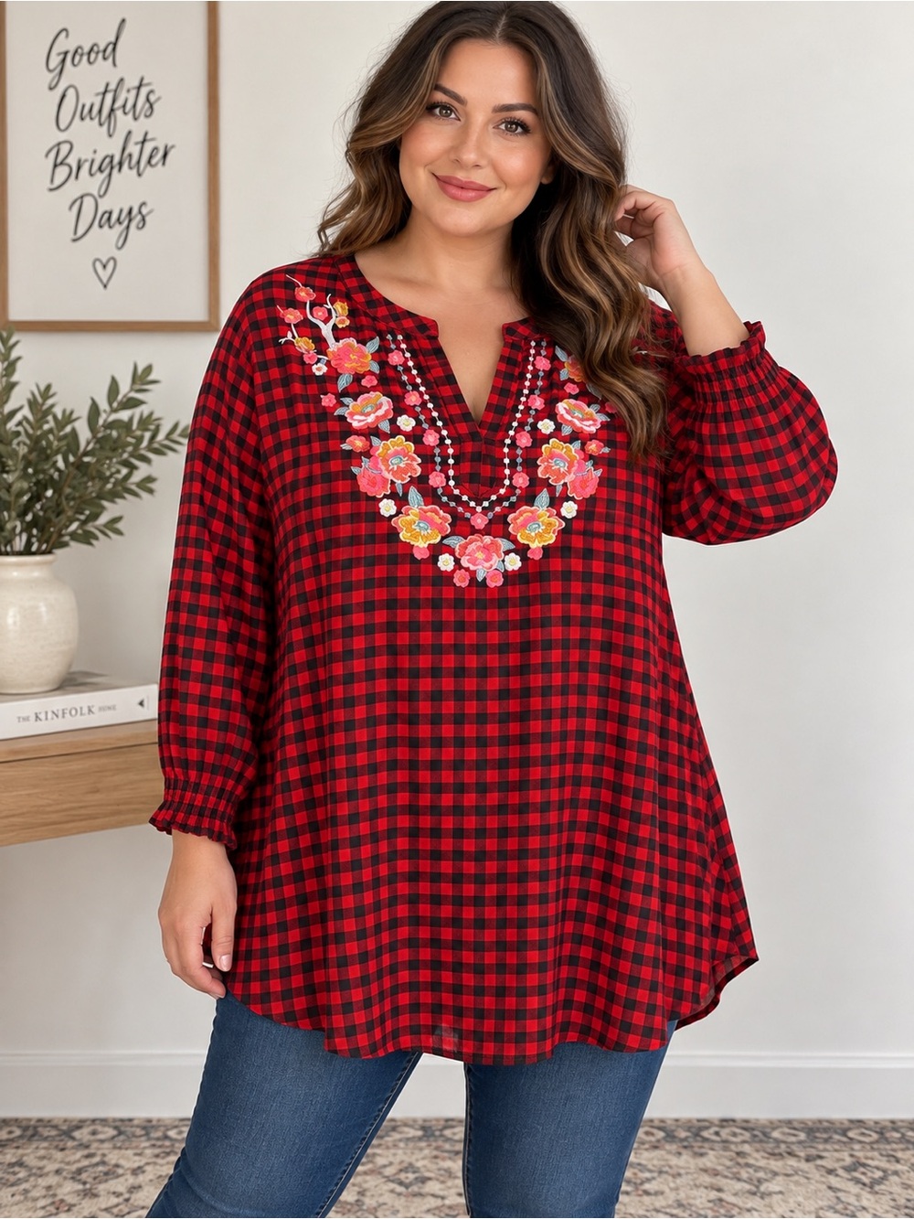Jodifl Plus Red Black Buffalo Plaid Embroidered Floral Tunic Top Size 2x